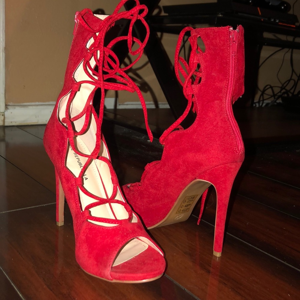 Red faux suede heels open toe